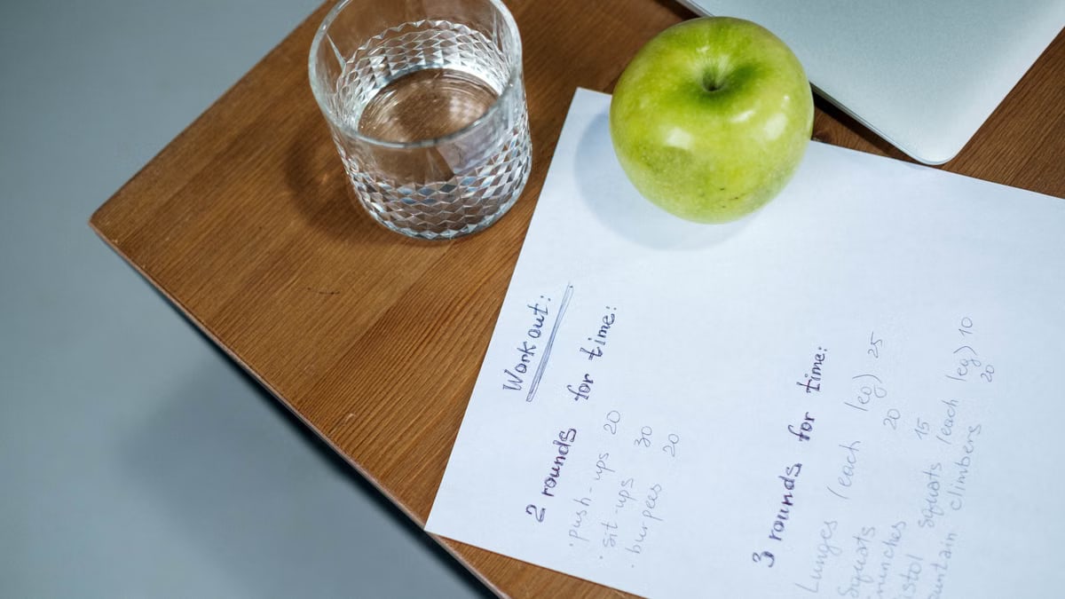 A green apple, glass of water, and workout plan on a wooden desk symbolize healthy living.